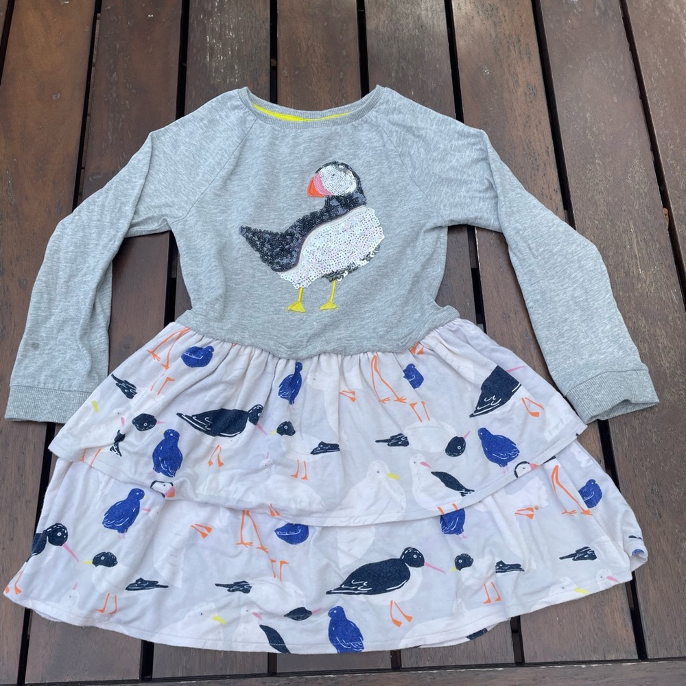 MINI BODEN Gray Puffin Sequin Knit & Tiered Puffin Print Dress